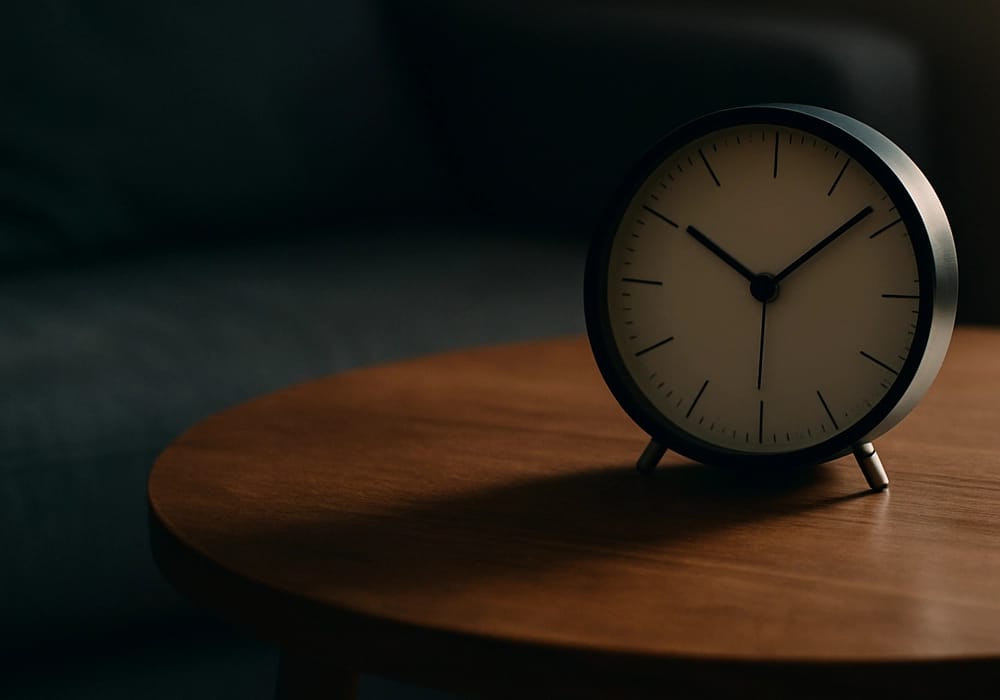 Reloj sobre una mesa vacía en luz tenue