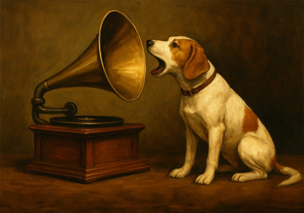 Un perro beagle habla a través del altavoz de un viejo gramófono en una escena surrealista, evocando la paradoja de la palabra sin pensamiento.