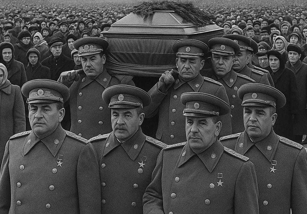 Funeral de Stalin en Plaza Roja, 1953. Dirigentes soviéticos portan el féretro ante multitud inmensa.