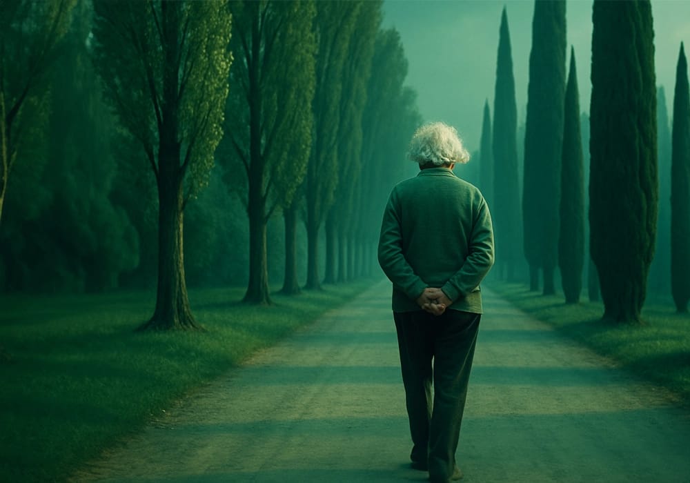 Albert Einstein paseando pensativo