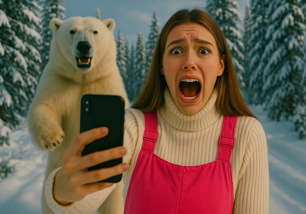 Selfie con oso blanco que aparece por detrás de una joven influencer