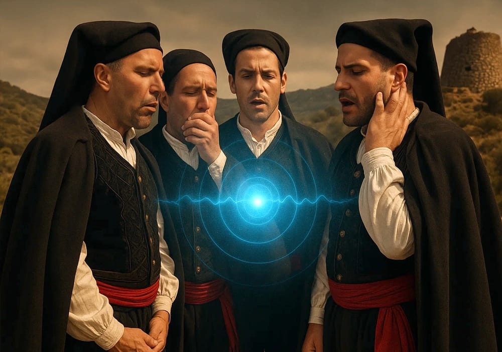 Representación artística de pastores sardos interpretando canti a tenore, con una visualización luminosa de la 'quinta voz' - el fenómeno acústico emergente que surge de la armonía de las cuatro voces tradicionales: bassu, contra, boche y mesu boche.