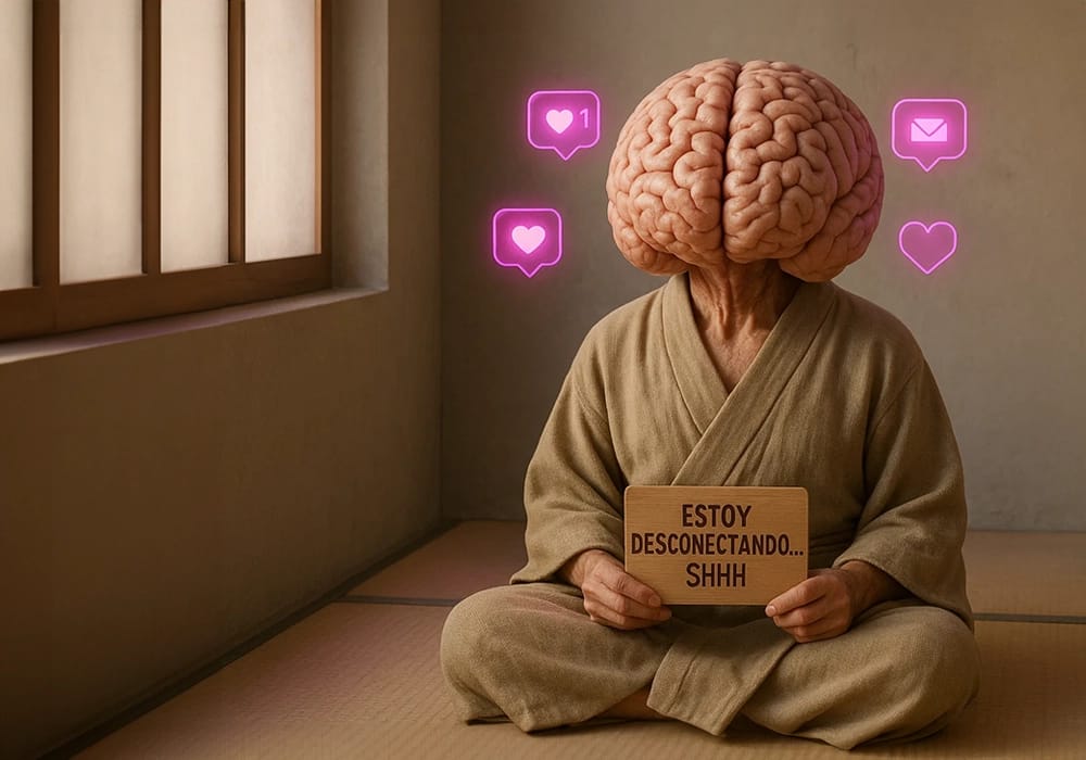 Persona en posición de meditación con cerebro gigante como cabeza sosteniendo cartel que dice "Estoy desconectando... SHHH" rodeada de iconos de redes sociales rosados