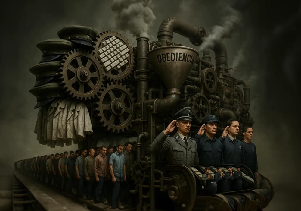 Ilustración artística que muestra una máquina industrial steampunk con la palabra "OBEDIENCIA" grabada, de la cual emergen figuras históricas incluyendo oficiales nazis y civiles en fila, representando los mecanismos psicológicos de autoridad y conformidad estudiados en los experimentos de Milgram, Stanford y el programa MK-Ultra.