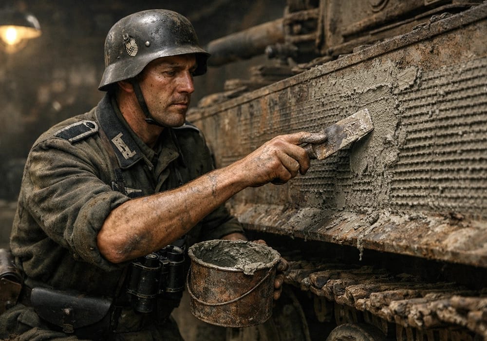 Soldado alemán de la Segunda Guerra Mundial aplicando cuidadosamente revestimiento Zimmerit con una espátula sobre la coraza acanalada de un tanque Panzer