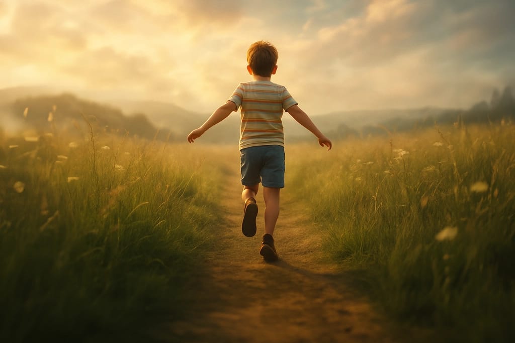 Niño que corre en un campo